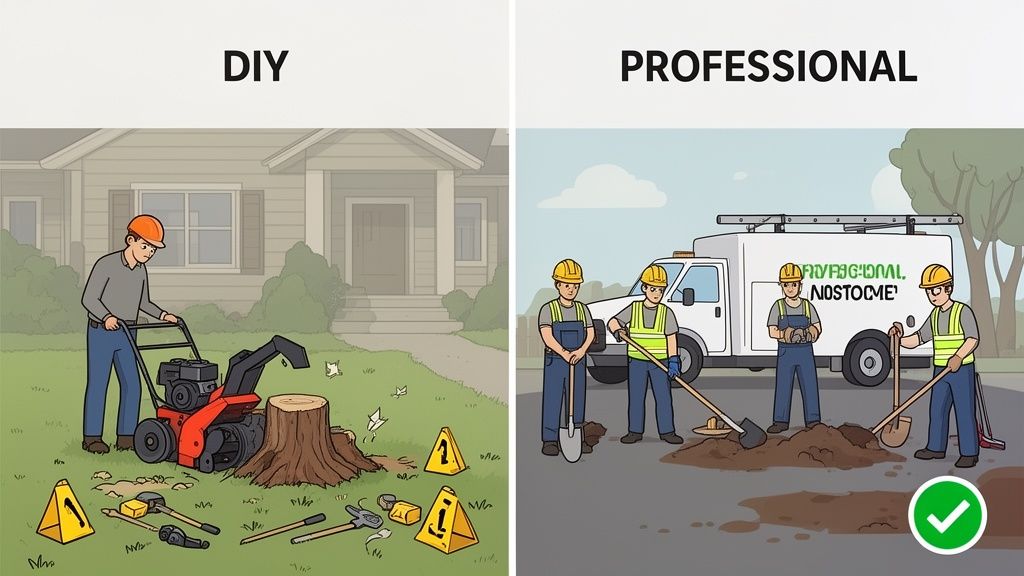 Illustration comparing a man struggling with DIY tree stump removal and a professional team efficiently digging.