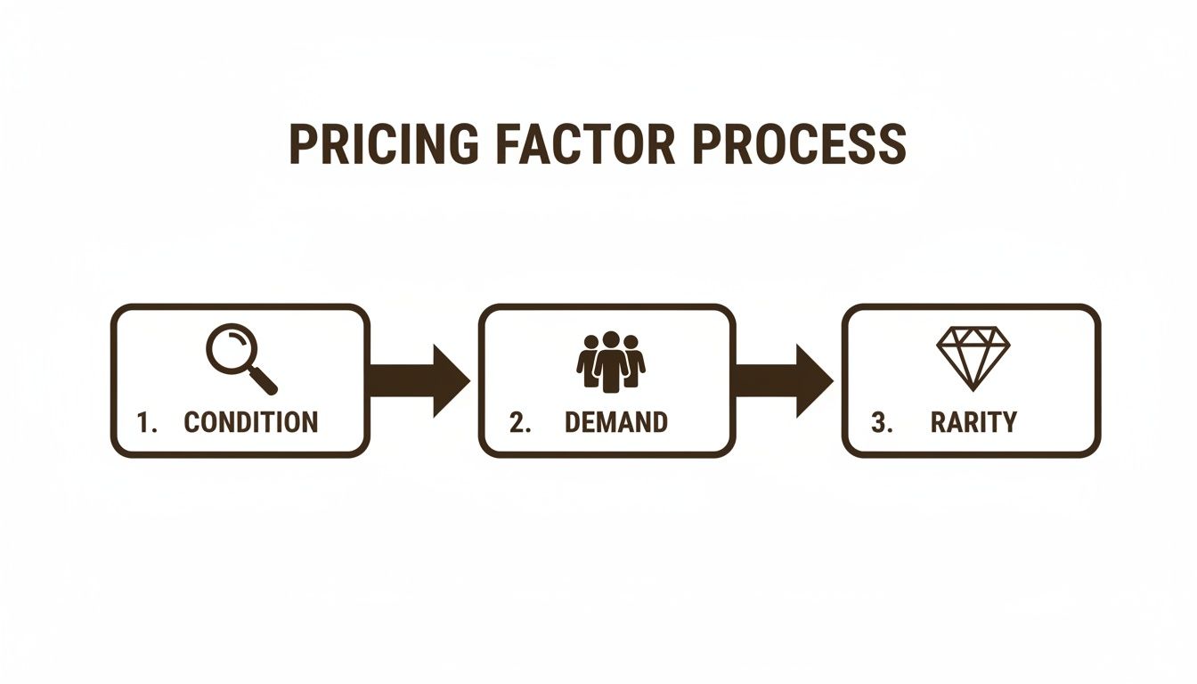 A flowchart illustrates the pricing factor process: condition, demand, and rarity as key elements.