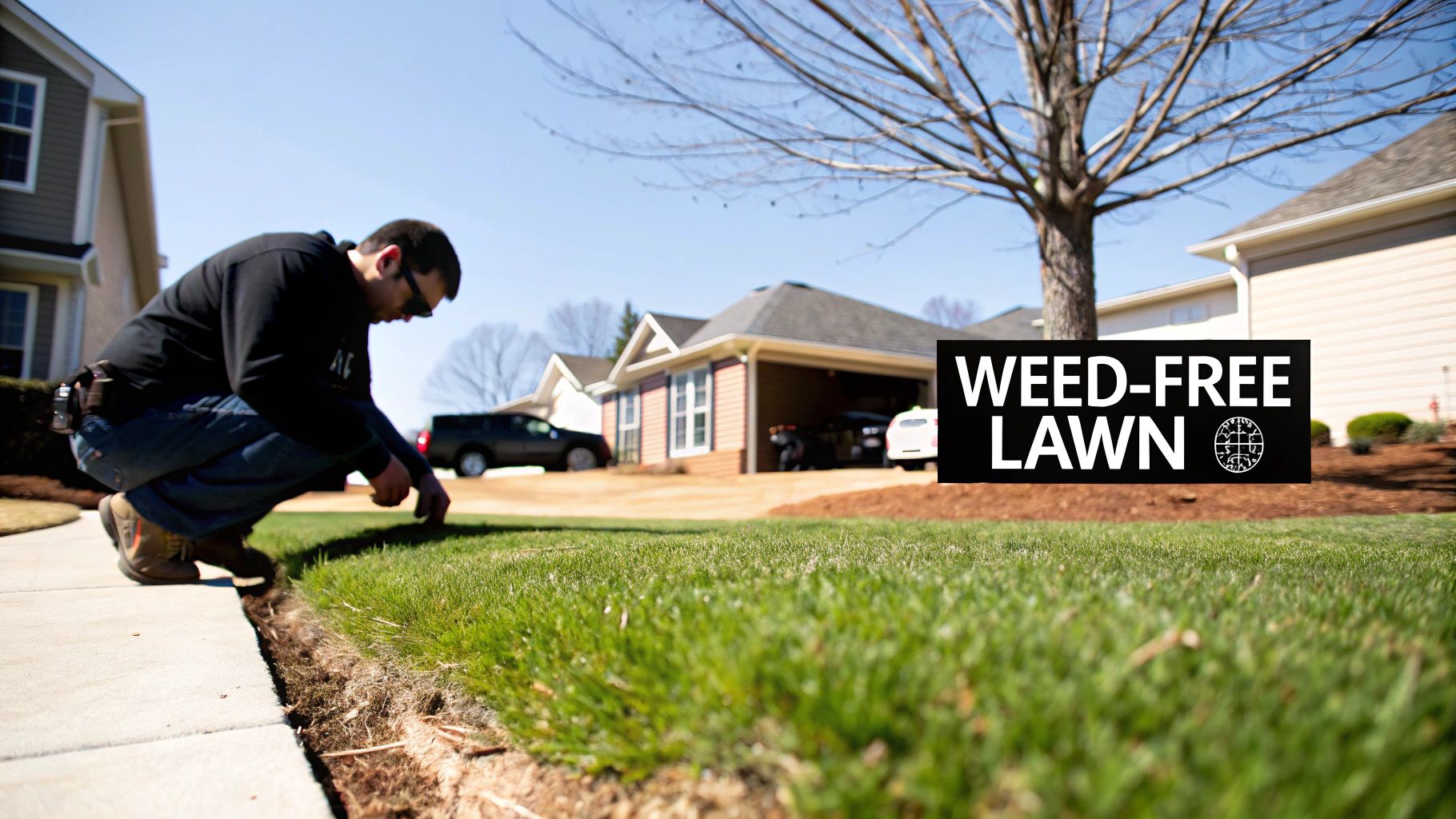 A man squats, meticulously inspecting a vibrant green, weed-free lawn in a suburban setting.