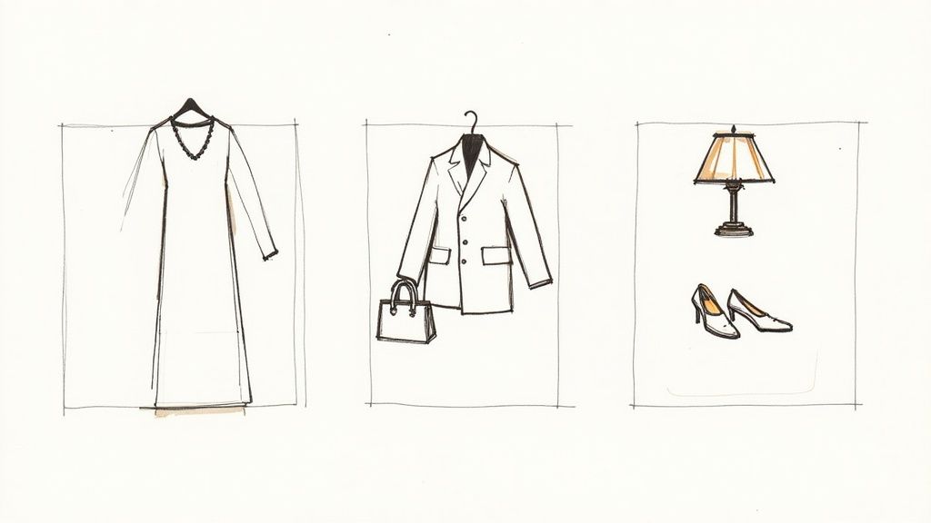 Three minimalist sketches depicting various fashion items: a long dress, a jacket with a handbag, and high heels with a table lamp.