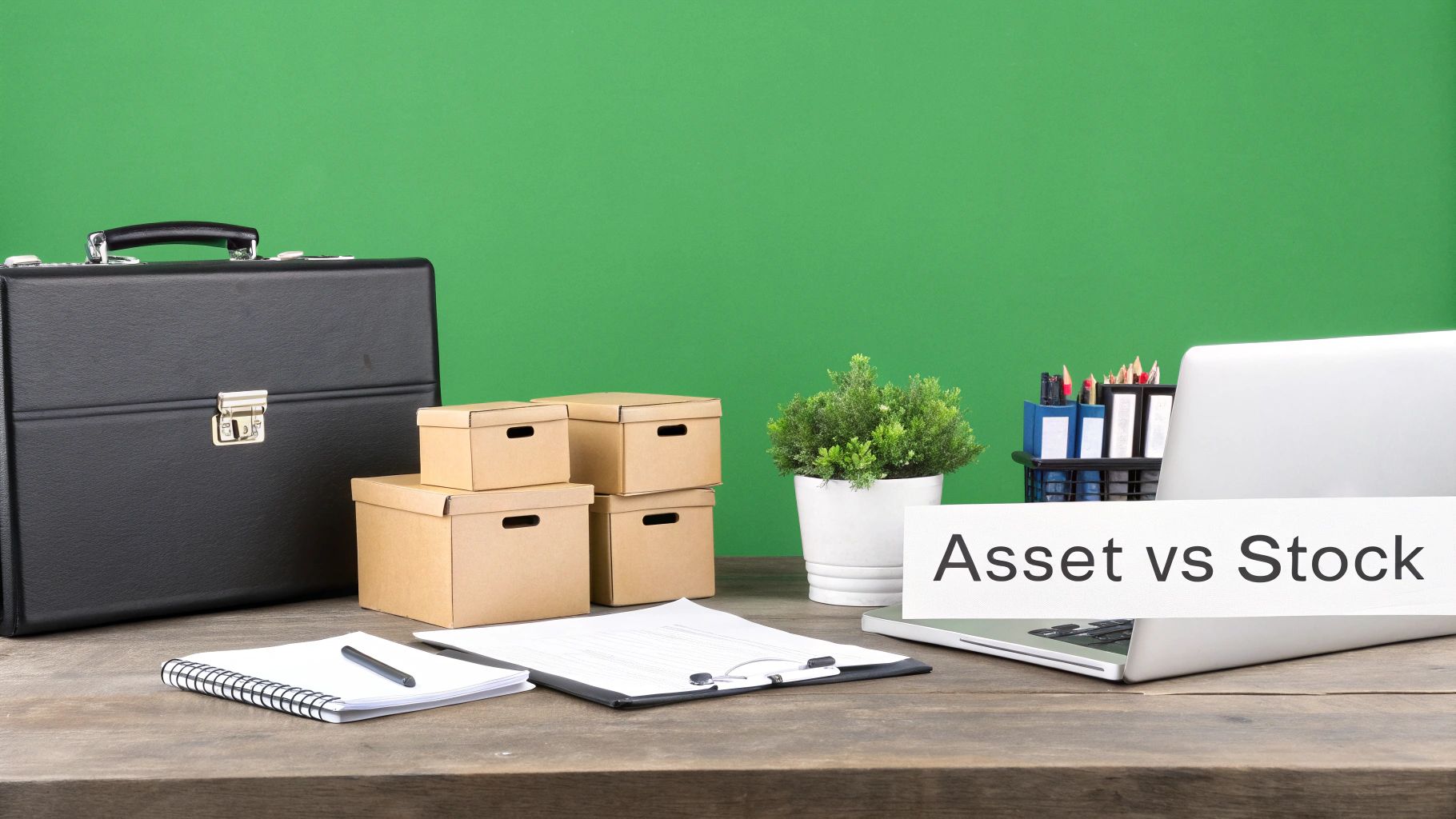 A business desk with a black briefcase, storage boxes, a plant, and a laptop showing 
