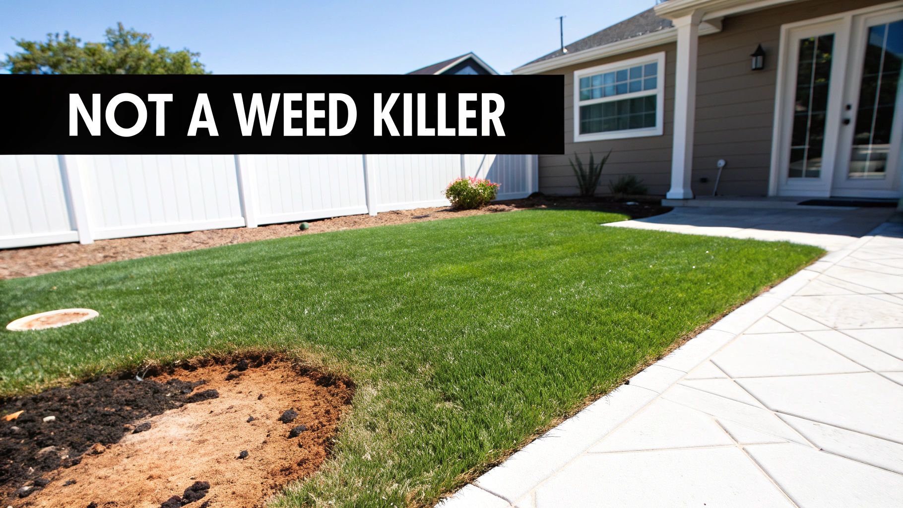 Front lawn with brown patch damage showing baking soda is not a weed killer solution