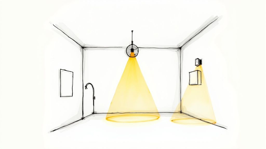 A minimalist hand-drawn sketch showing a room with two light sources illuminating the floor and a wall.