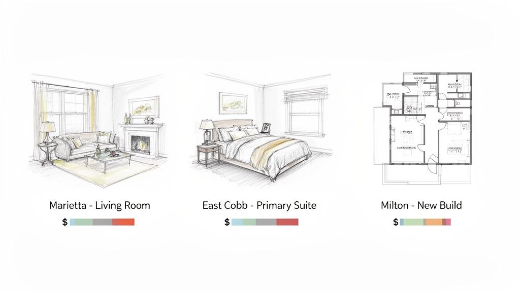 Three interior design concepts: a living room, a primary suite, and a new build floor plan with price indicators.