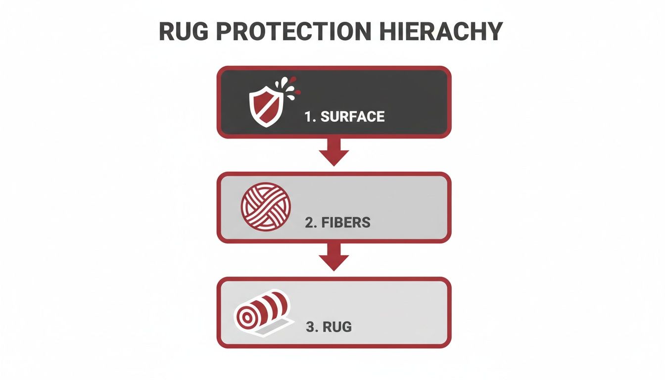 A diagram illustrating the rug protection hierarchy: 1. Surface, 2. Fibers, 3. Rug.