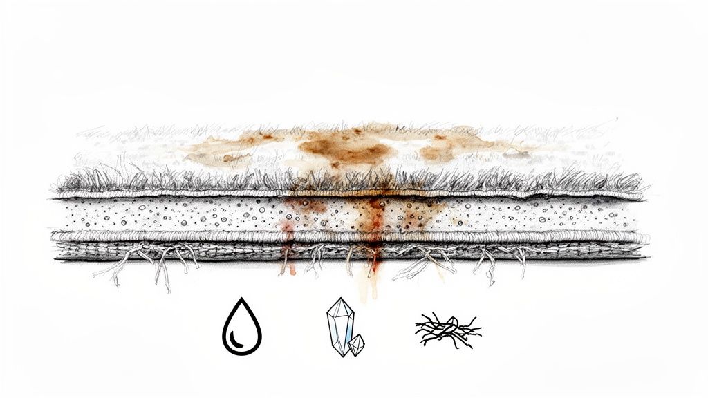 Cross-section of a stained carpet showing brown liquid seeping through layers, with icons for water, crystals, and microbes.