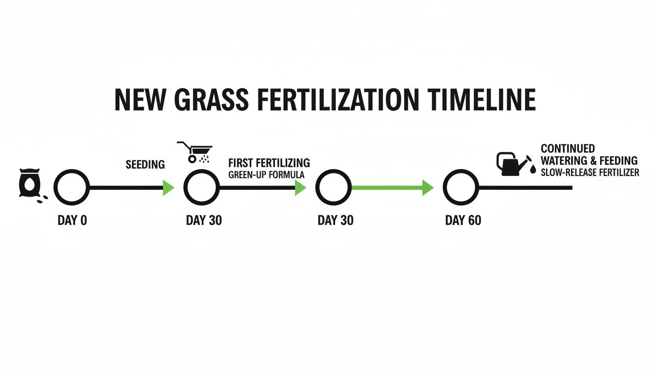 Timeline illustrating new grass fertilization, from seeding on Day 0 to slow-release feeding after Day 60.
