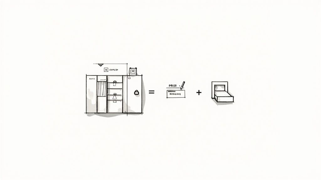 Sketch diagram illustrating a modular cabinet transforming into a desk and a hidden bed.