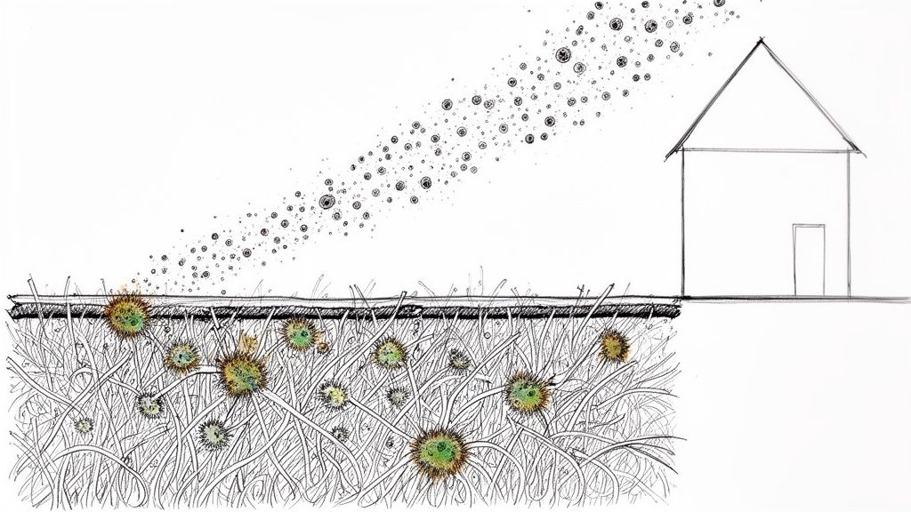 Illustration of mildew growth within carpet fibers, with airborne spores near a house.