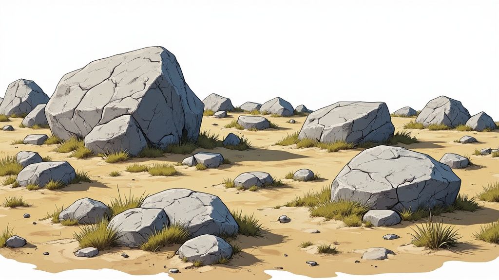 Numerous large and small grey rocks scattered across a sandy, barren landscape with sparse grass.