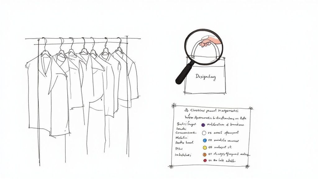 Staff member using a tablet in a well-merchandised designer consignment store.