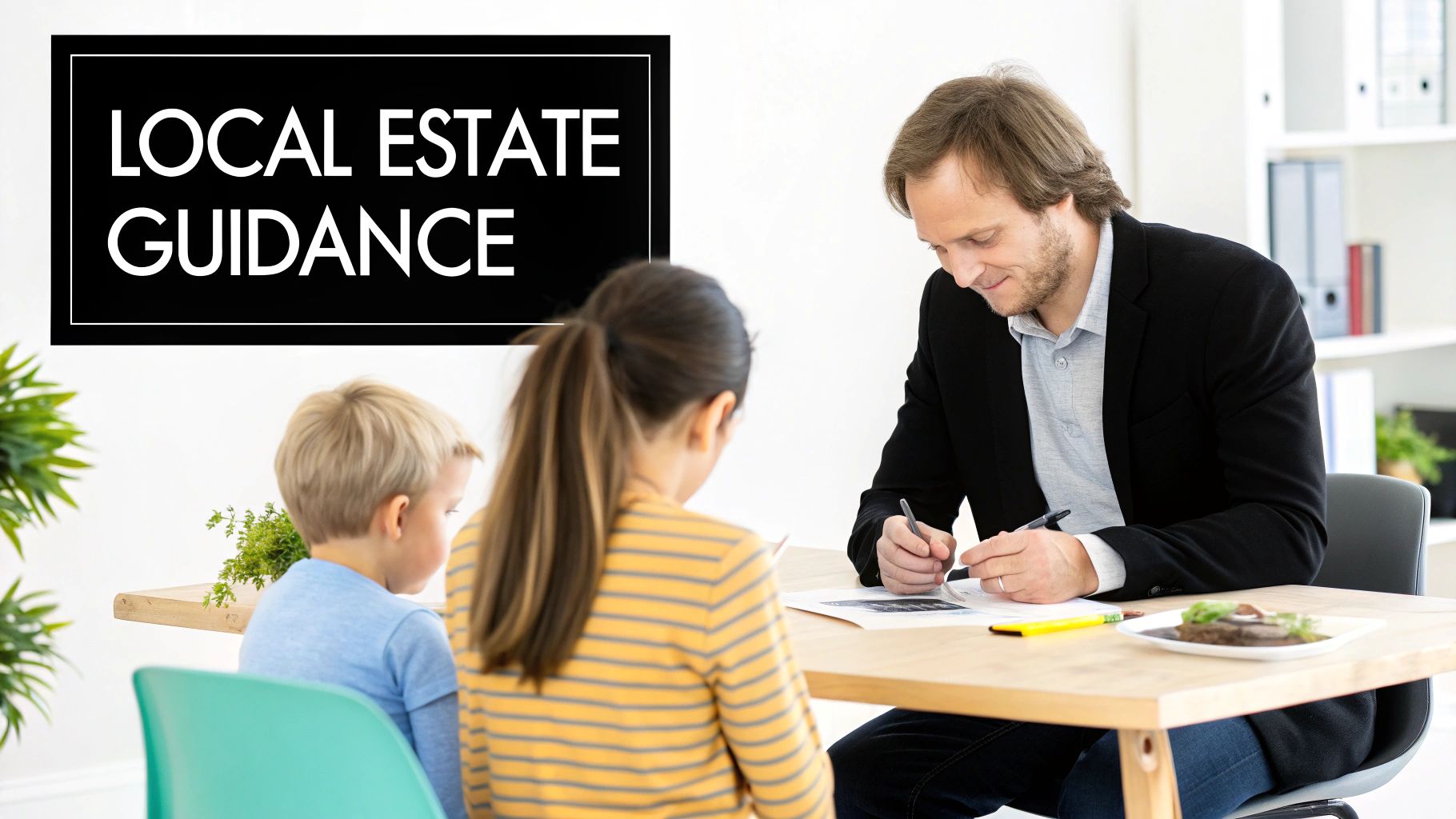 A real estate agent provides local estate guidance to a family, signing documents at a desk.