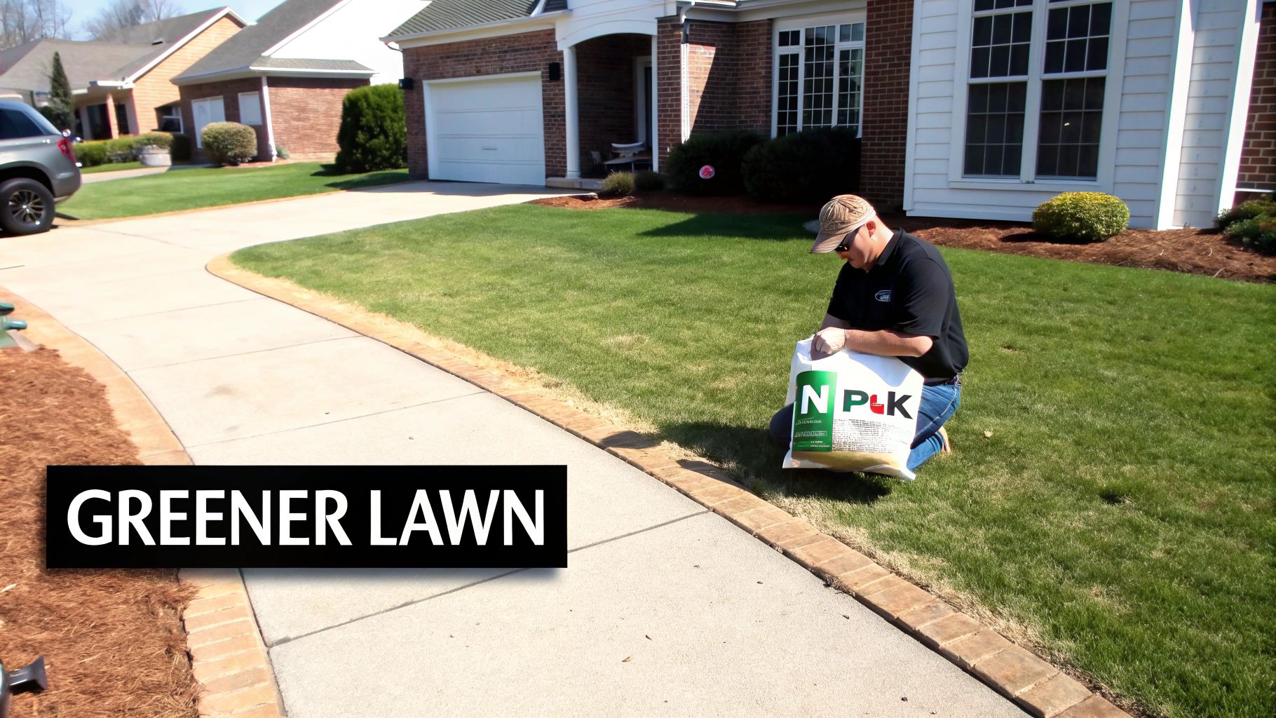 A man kneels on a vibrant green lawn, preparing to apply NPK fertilizer for a healthier yard.