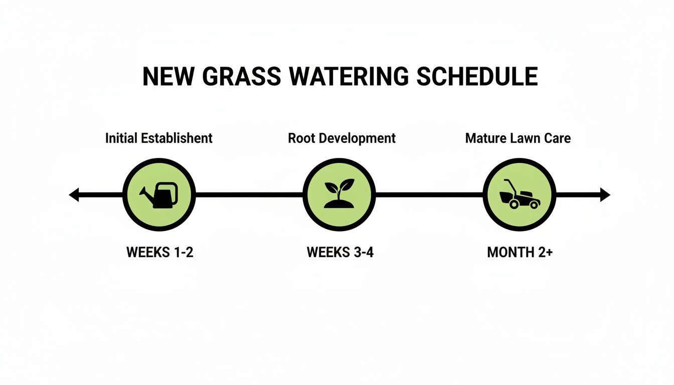Timeline infographic detailing new grass watering schedule across initial establishment, root development, and mature lawn care stages.