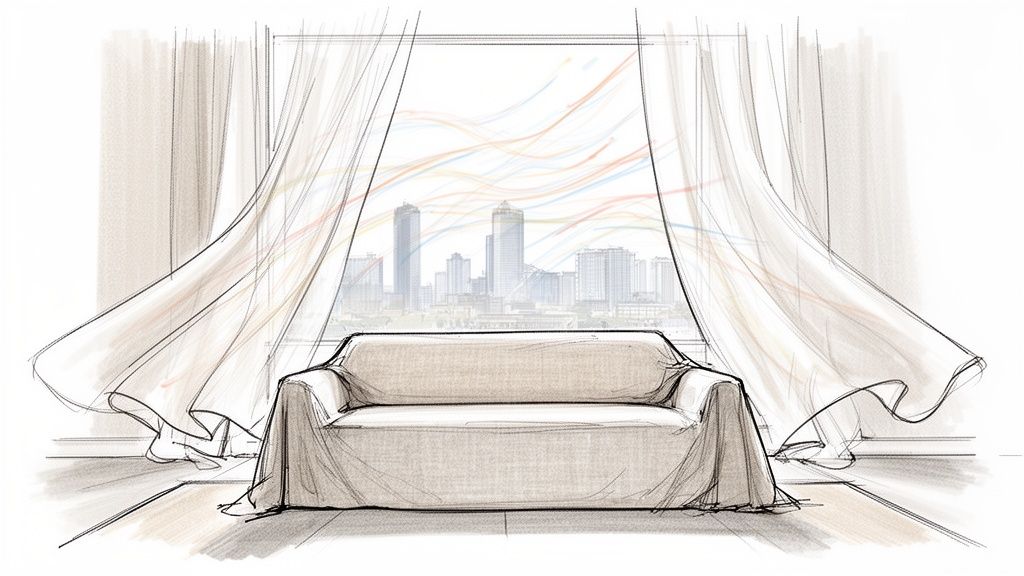 An artistic sketch of a comfortable sofa, sheer curtains flowing, with a cityscape visible through the window.