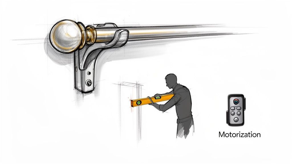 Sketch of a curtain rod with finial, a person using a level for installation, and a remote control for motorization.