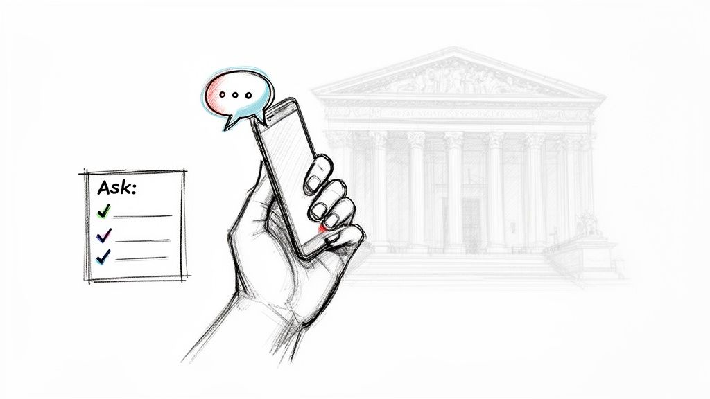 A sketch shows a hand holding a smartphone with a speech bubble and a checklist asking questions, in front of a courthouse.