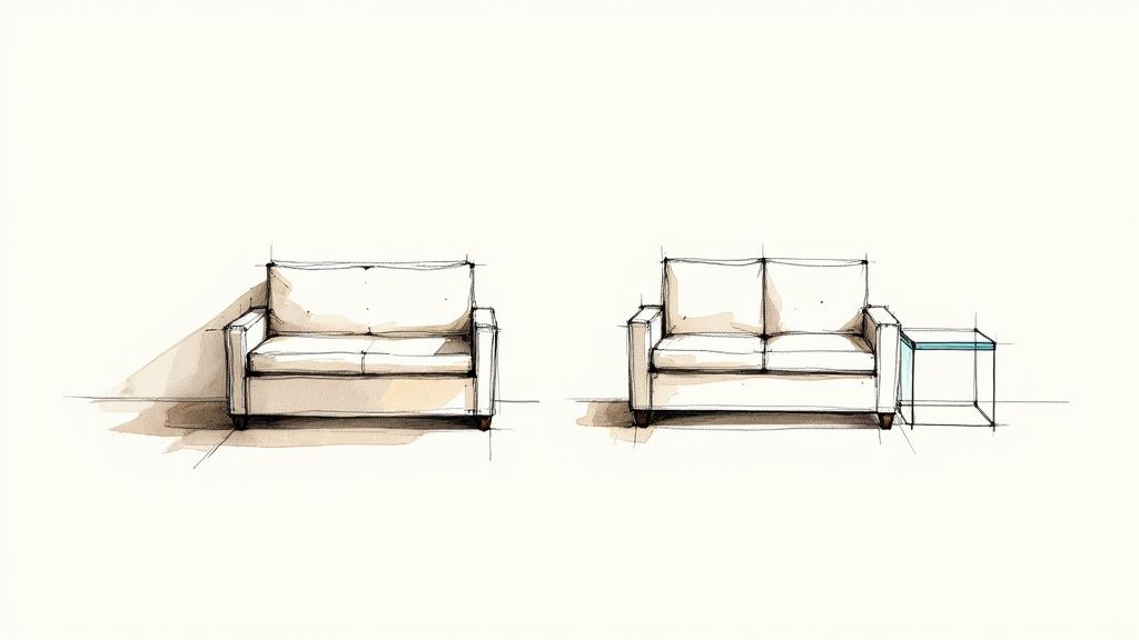 Watercolor sketch of two minimalist sofas; one includes a small, clear glass side table.