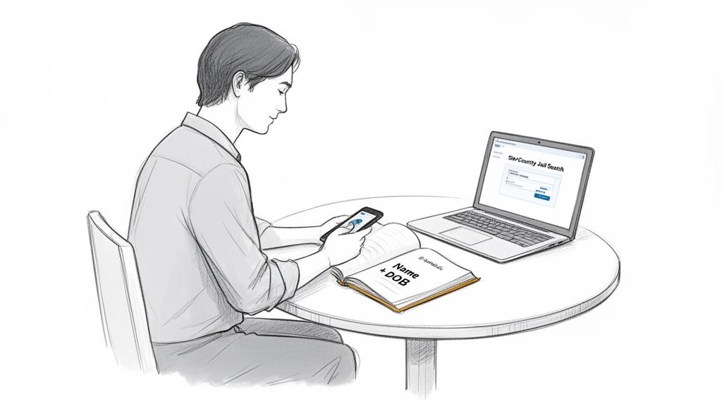 A person searches for jail records using a smartphone, laptop, and a book with name and DOB.
