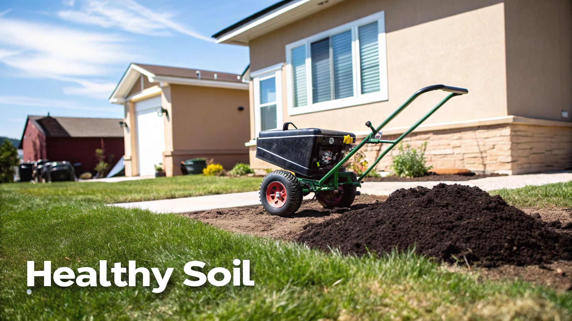 A fertilizer spreader sits on a lush green lawn next to a pile of dark, healthy soil.