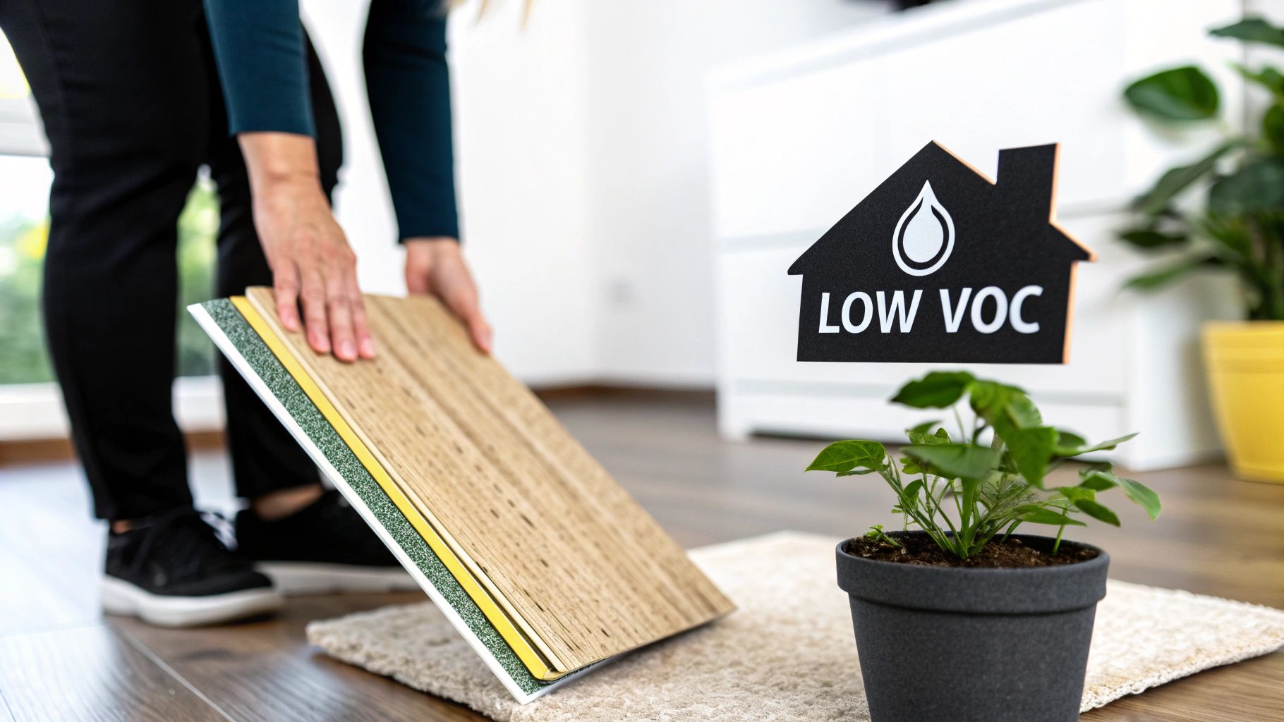 Person holding layered laminate flooring samples, featuring a 'LOW VOC' sign and a potted plant.