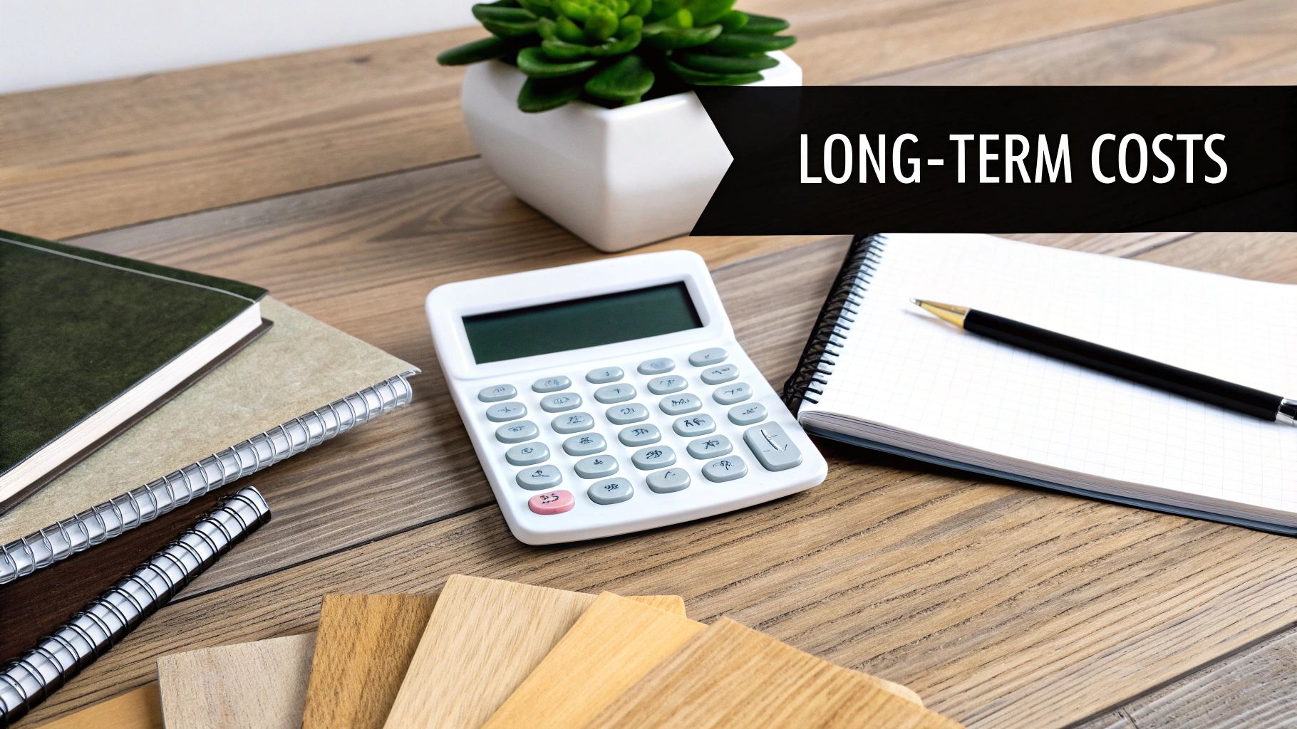 Desk with calculator, notebooks, wood samples, and a plant, with 'LONG-TERM COSTS' overlay.