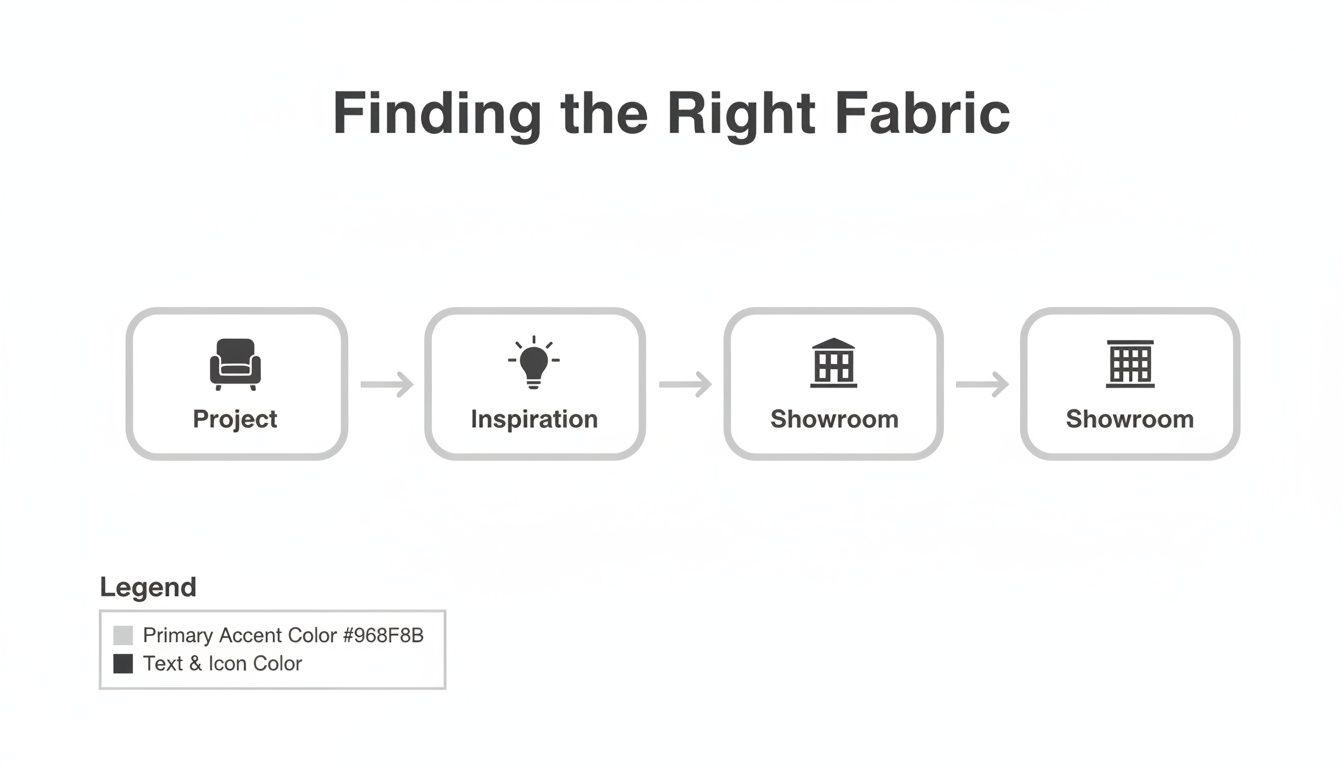 A four-step process flow for finding the right fabric: Project, Inspiration, Showroom.