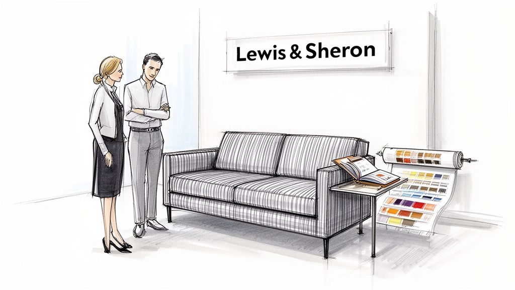 Illustration of two people discussing fabric options for a striped sofa in a Lewis & Sheron showroom.