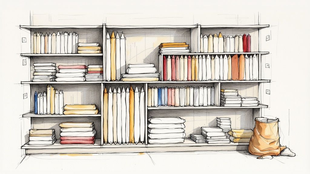 Watercolor sketch of a multi-shelf unit with various organized fabric stacks and bolts.