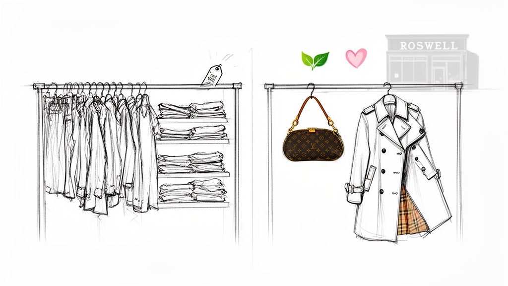 Two fashion racks, one with clothes for reuse, the other with luxury items and sustainability symbols.