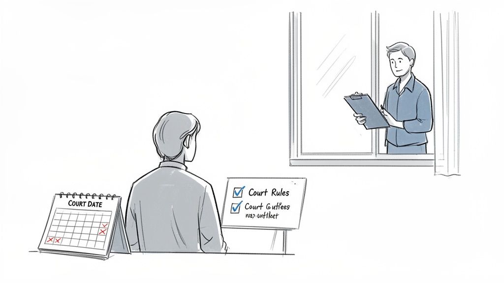 A man indoors reviews a court date calendar and rules checklist, while another man stands outside with a clipboard.