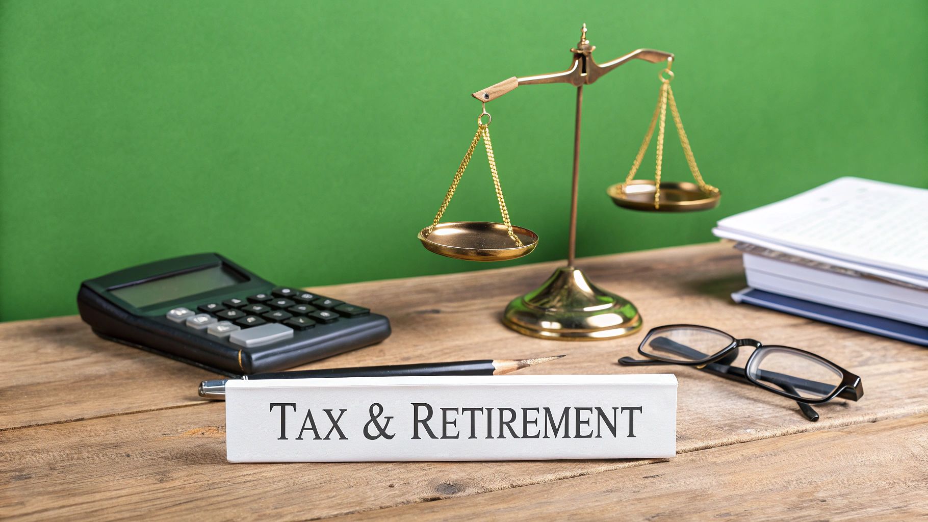 A calculator, scales of justice, books, and a "TAX & RETIREMENT" sign on a wooden desk.