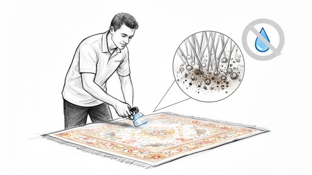 Man applies dry cleaning solution to a traditional rug, illustrating dirt particles reacting, with a no water symbol.