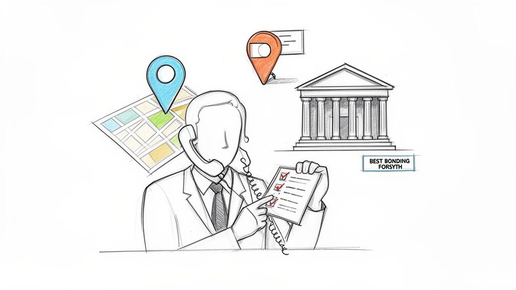 Professional on phone with checklist, map, location pins, and court building, for bonding services.