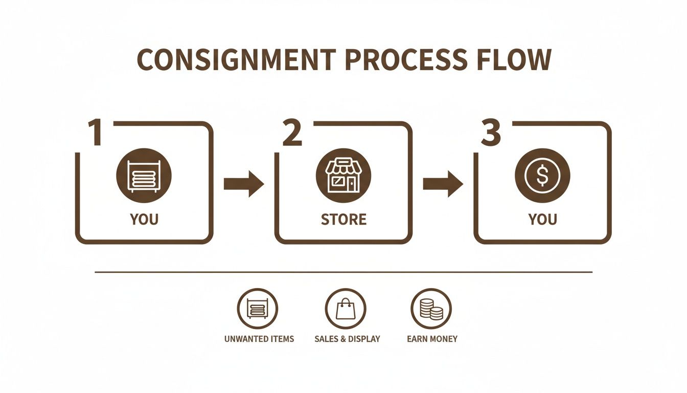 A diagram illustrating the 3-step consignment process: you provide unwanted items, the store sells them, and you earn money.