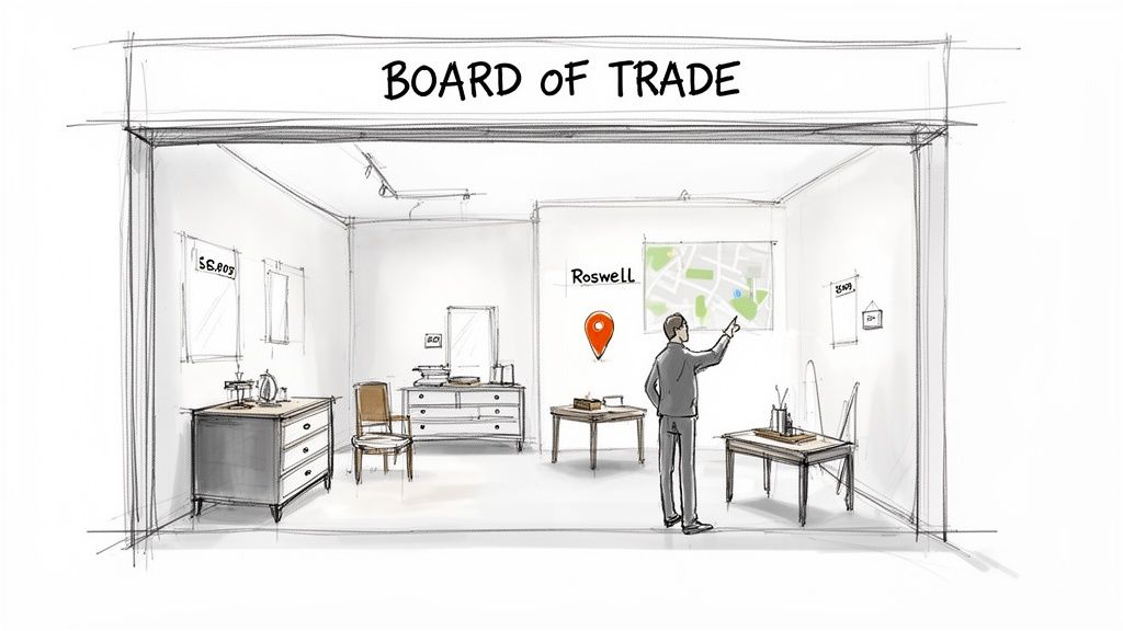 Sketch of a Board of Trade room with various furniture pieces on display, a map, and a man.