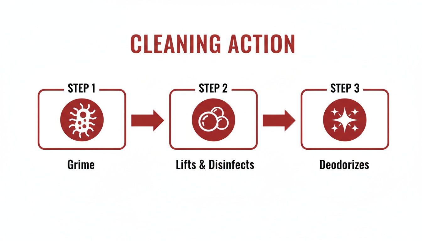 Infographic showing a 3-step cleaning process: grime, lifting & disinfecting, and deodorizing.