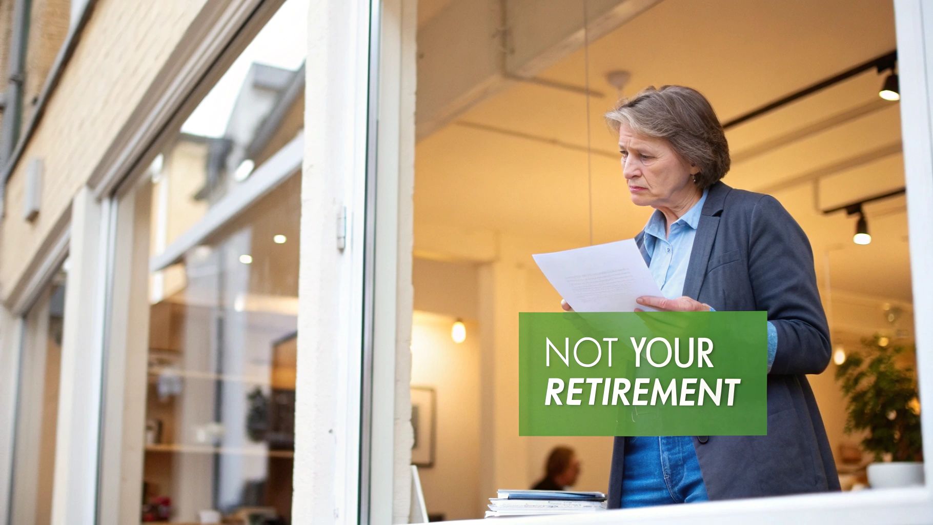 An older woman looks worried while holding a document, with a 'NOT YOUR RETIMENT' graphic.