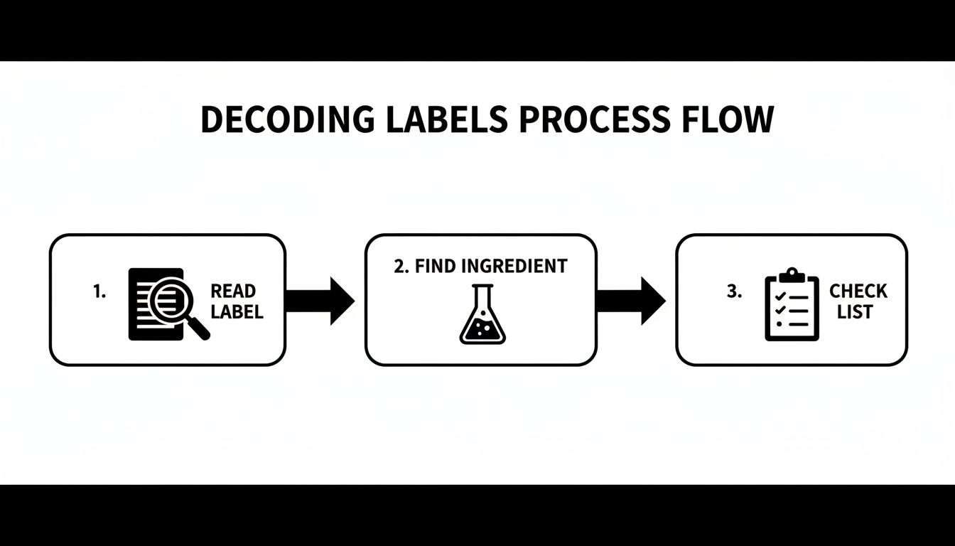 A three-step process flow diagram for decoding labels: read, find ingredient, and check list.