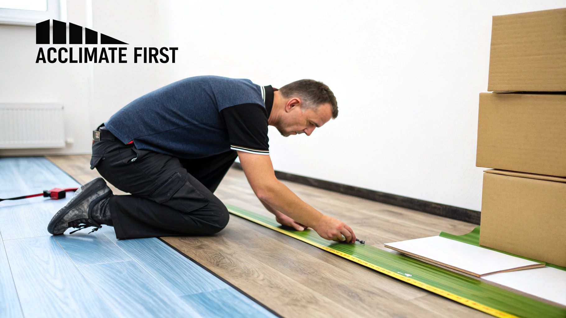 Worker installing wood-look laminate flooring over a blue underlayment in a room.