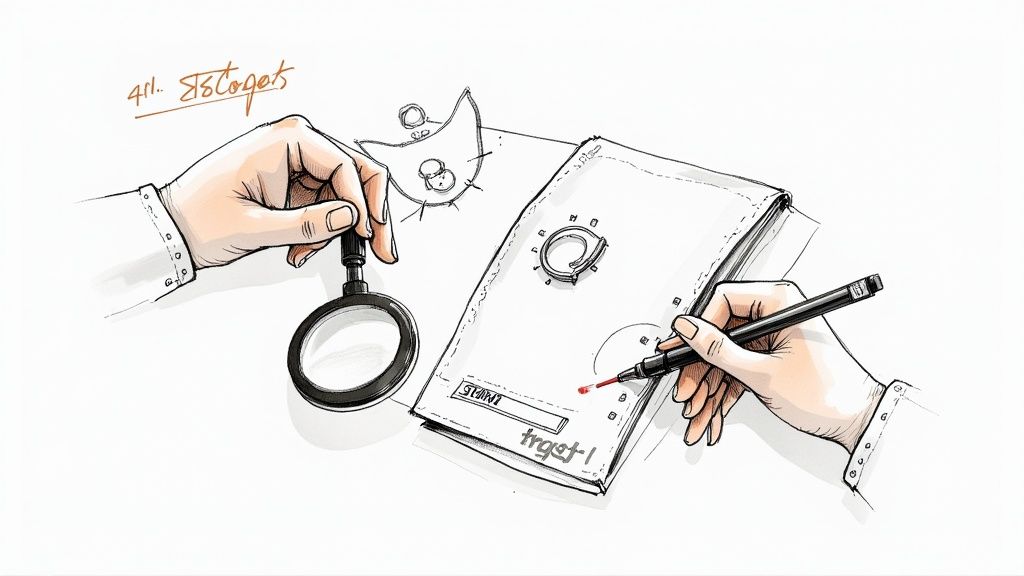 Hands examine a document with a magnifying glass and mark it with a red pen.