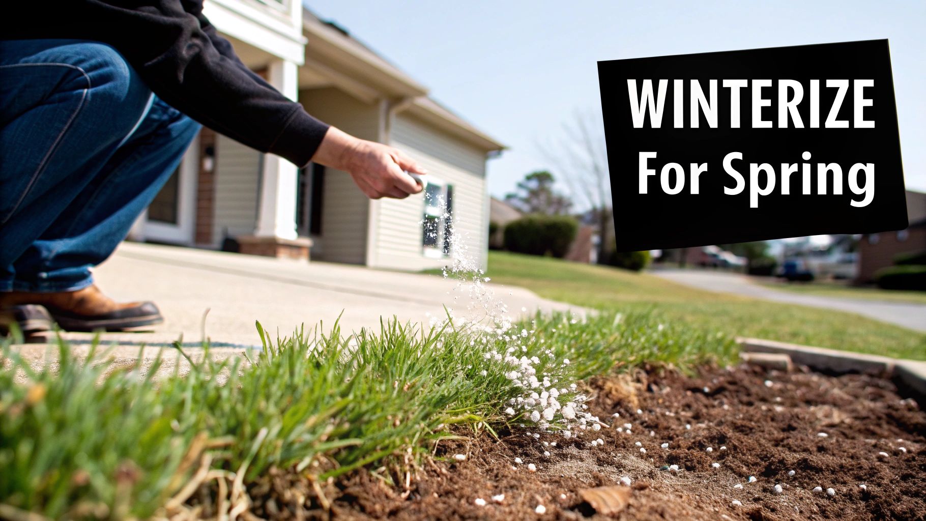 A person's hand sprinkles winterizing fertilizer onto a vibrant green lawn and garden bed for spring.