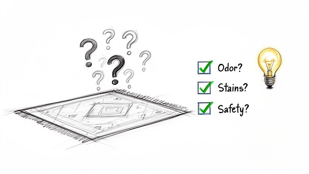 Sketch of an area rug with question marks, a checklist for odor, stains, safety, and a lightbulb.