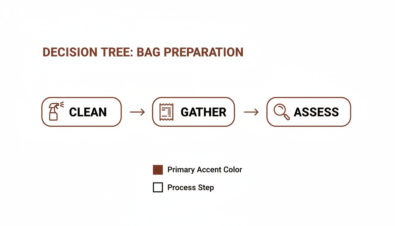 A decision tree flowchart for bag preparation with steps: Clean, Gather, and Assess.