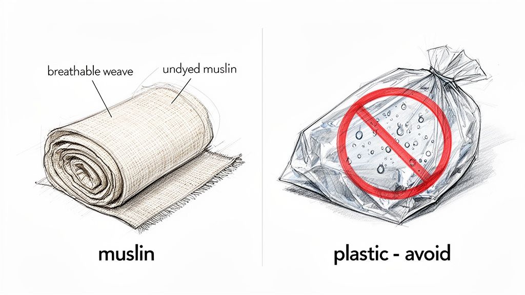 Undyed muslin fabric with a breathable weave for storage, contrasting with a sealed plastic bag containing moisture droplets to avoid.