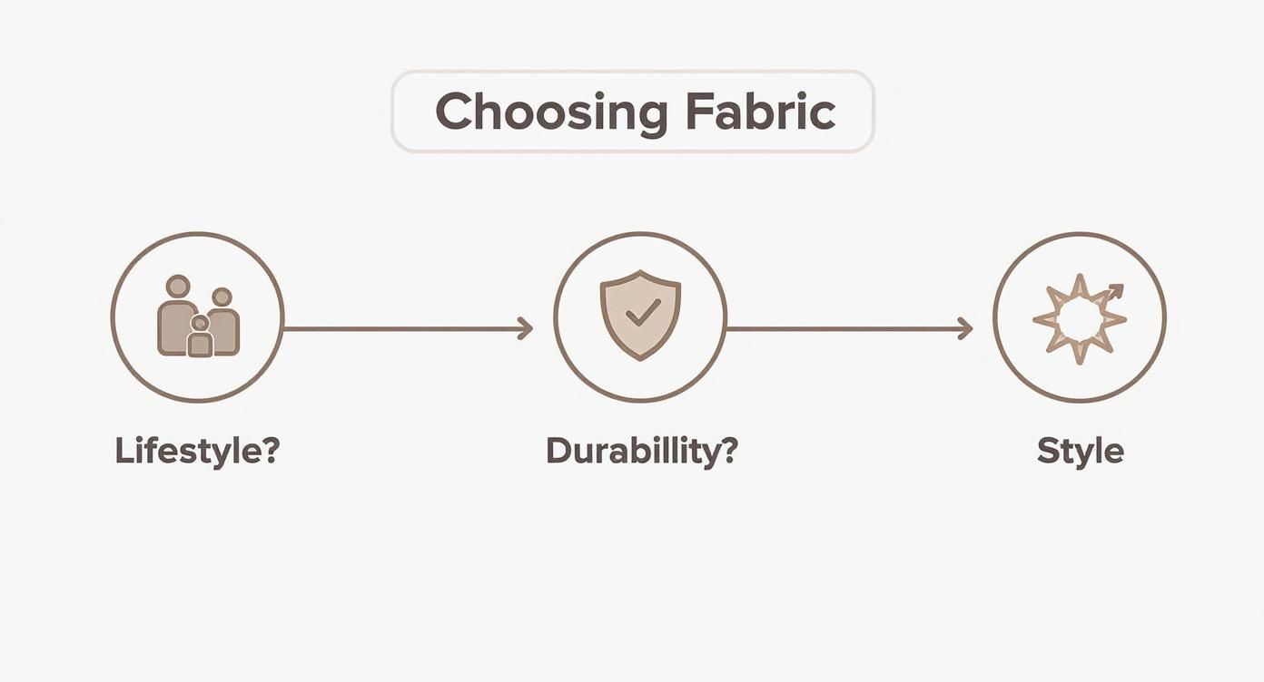 Infographic decision tree for choosing the best fabric for reupholstering chairs, showing nodes for lifestyle, durability, and style.