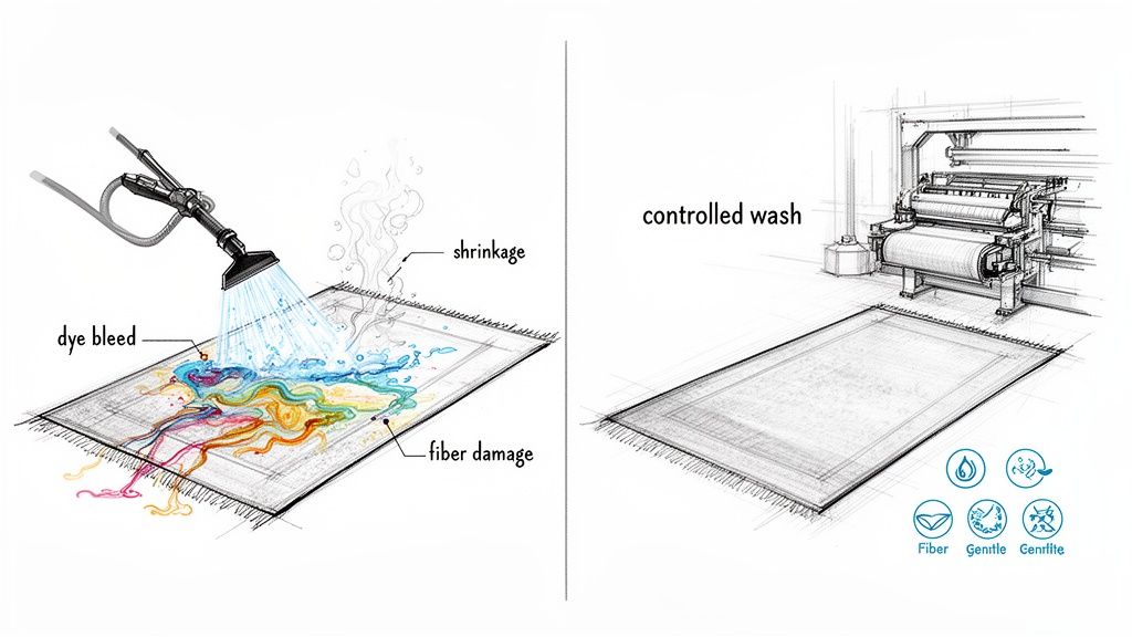 Illustration comparing damaging manual rug washing (dye bleed, shrinkage) with a safe, controlled professional rug cleaning process.