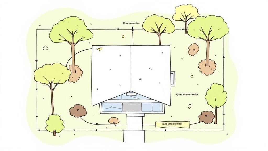 A beautifully landscaped yard with trees planted at a safe distance from the home, illustrating smart prevention against tree roots damaging the foundation.