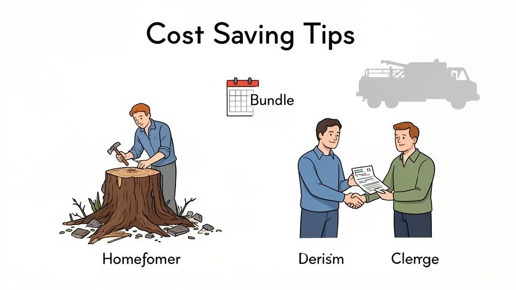 Illustration of cost-saving tips: DIY stump removal, bundling services, and negotiating deals.
