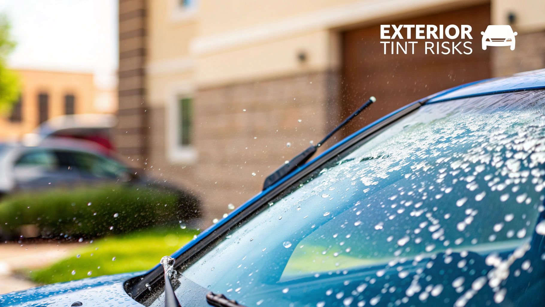 Close-up of a blue car's windshield being washed with soap suds and water drops.